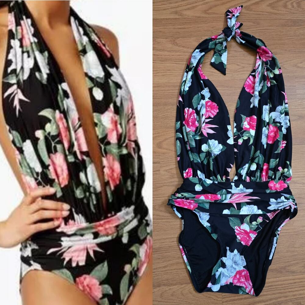 NWT Vince Camuto One Piece Swim Suit Women Sz 6 Floral Plunge Halter Beach Vacay